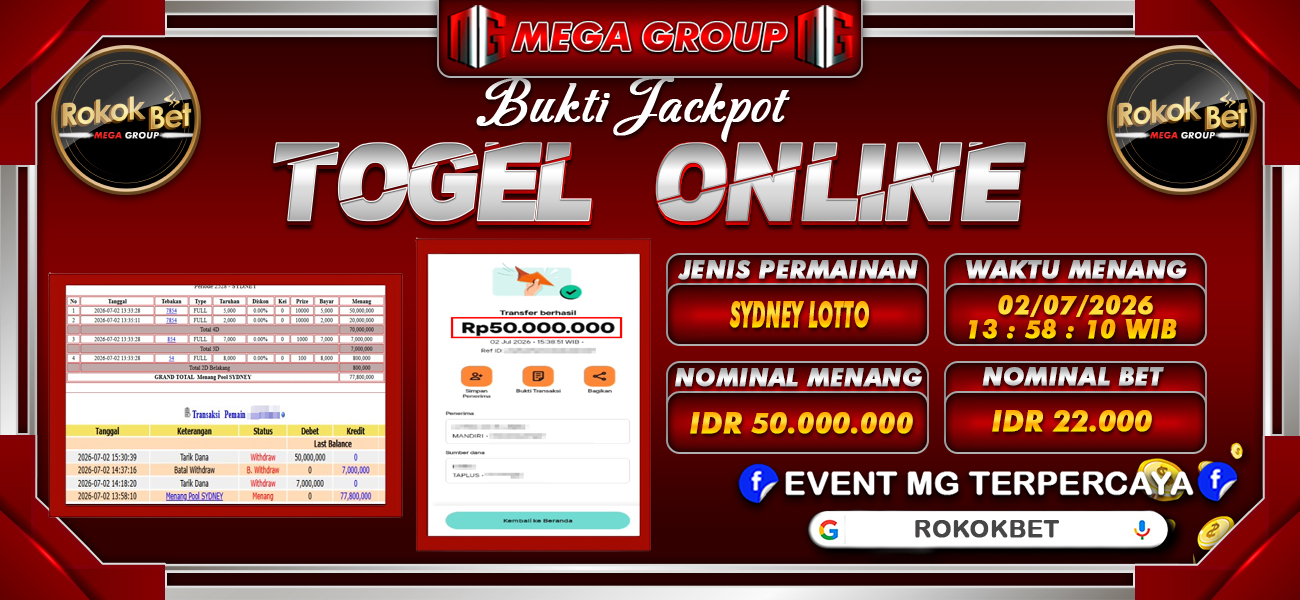 Bukti JP situs Rokokbet hari Kamis, 02 Juli 2026